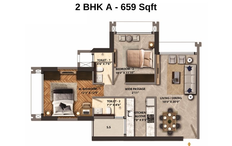 Transcon-Triumph-Floor-Plan-2-BHK-A-659-Sqft