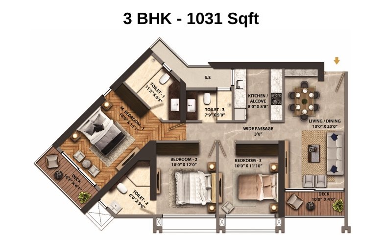 Transcon-Triumph-Floor-Plan-3-BHK-1031-Sqft